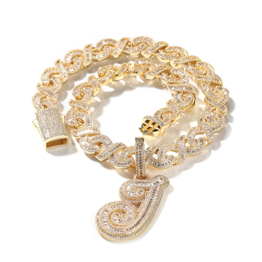 TBTK BaguetteCZ Cursive Letter Pendant Initial Letter A-Z Iced Out Cubic Zirconia Charm Choker Necklace Hiphop Jewelry