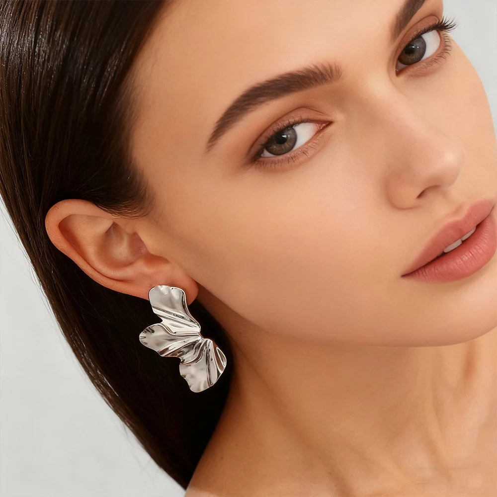 Women's Versatile Stainless Steel Flower Earrings European American Irregular Pleated Smooth Metal Jewelry Accessory
