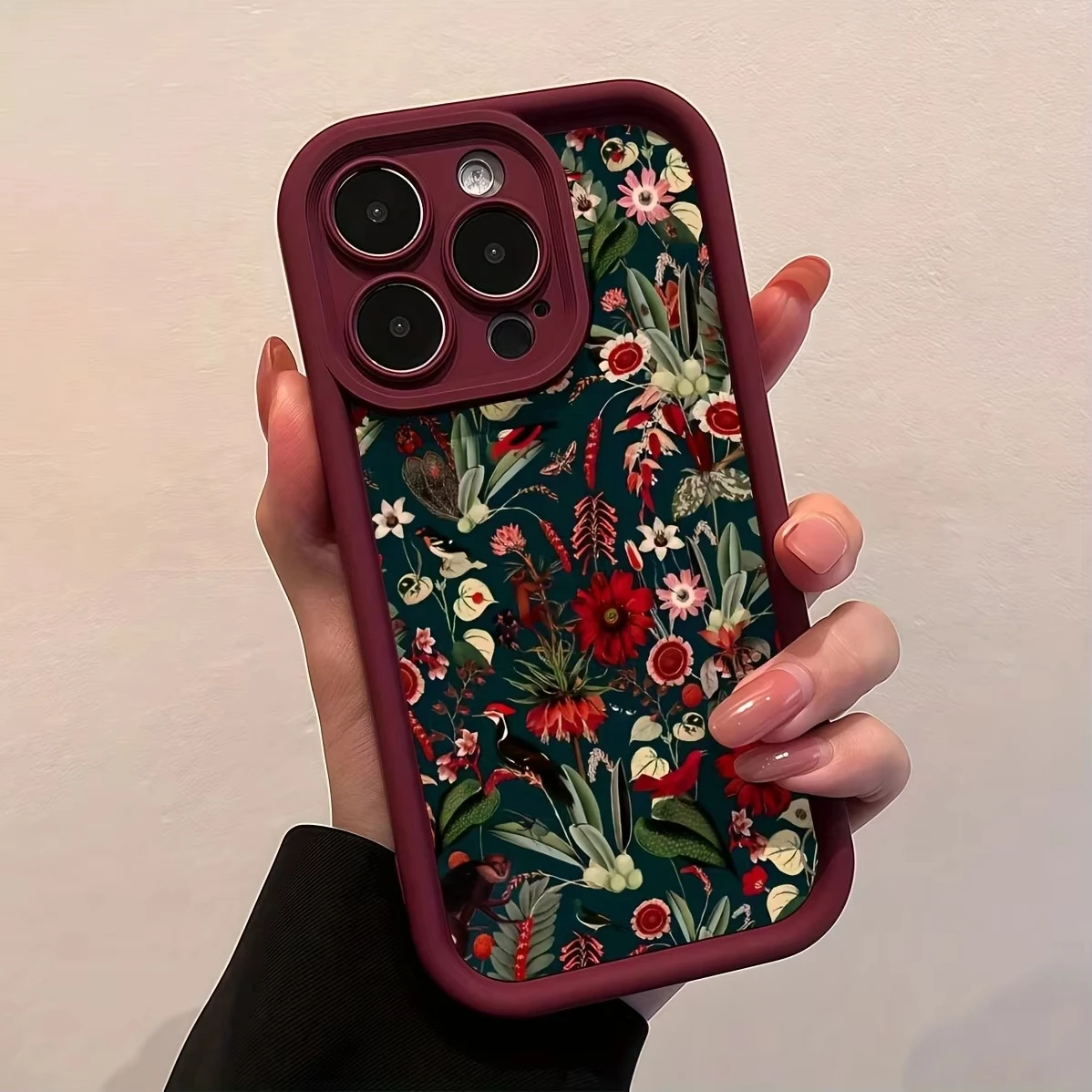 Dark Boho Vintage Floral Phone Case For Samsung S25 FE S24 Plus S23 Ultra S22 S21 S20 Burgundy Border Soft Shockproof Back Cover