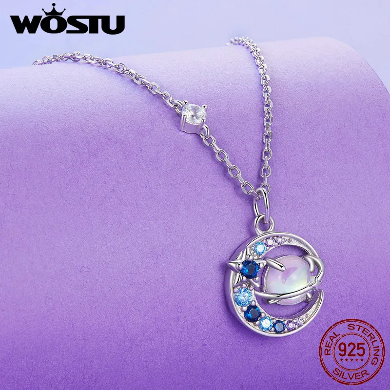 WOSTU 925 Sterling Silver Fantasy planet Pendant Neckace  For Women Multi Color Zircon Moon Charm Links Girl Birthday Jewelry Pa