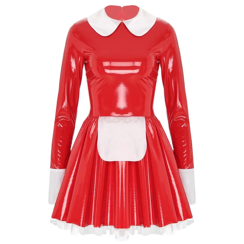 WU01 Womens Shiny PVC Leather French Maid Costume Long Sleeve Apron Maidservant Dress Halloween Cosplay Party Fancy Dress UJk5*！