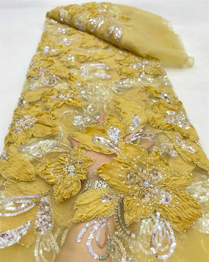 

High Quality African Sequins Tulle Embroidered Groom Lace Fabric Beaded Sequins Lace Fabric For Nigerian Wedding