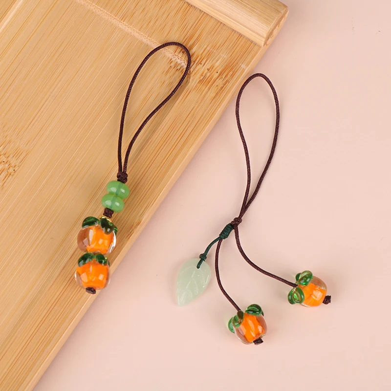 Smoothly Glass Persimmon Mobile Phone Chain Hanging Rope Retro Chinese Style Leaves Key Hanging Pendant Jewelry