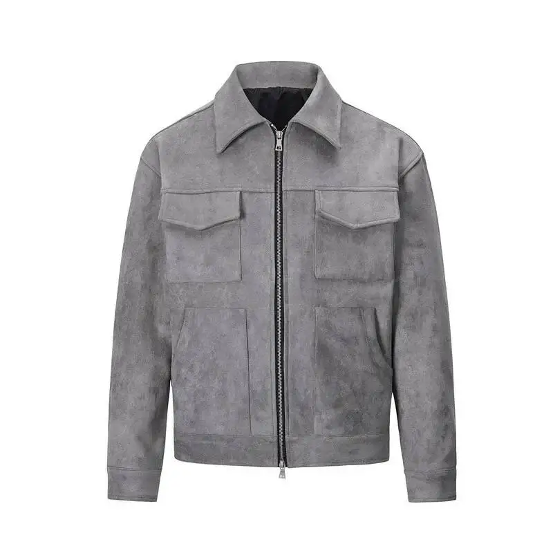 Vintage High Street Suede Material Crock With Zipper Lapel Casual Short Jacket For Men