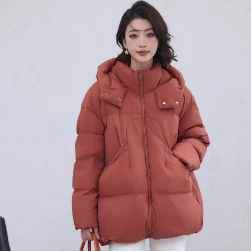 

Women's Winter Hooded Puffer Coats, Thick Loose Snow Outerwear, Mid-length Down Jacket, Simple Drawstring, Casual, Monochromatic