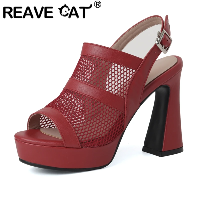 

REAVE CAT Fashion Women Sandals Peep Toe High Heels Platform Breathable Mesh Buckle Strap Big Size 42 43 Sexy Party Shoes