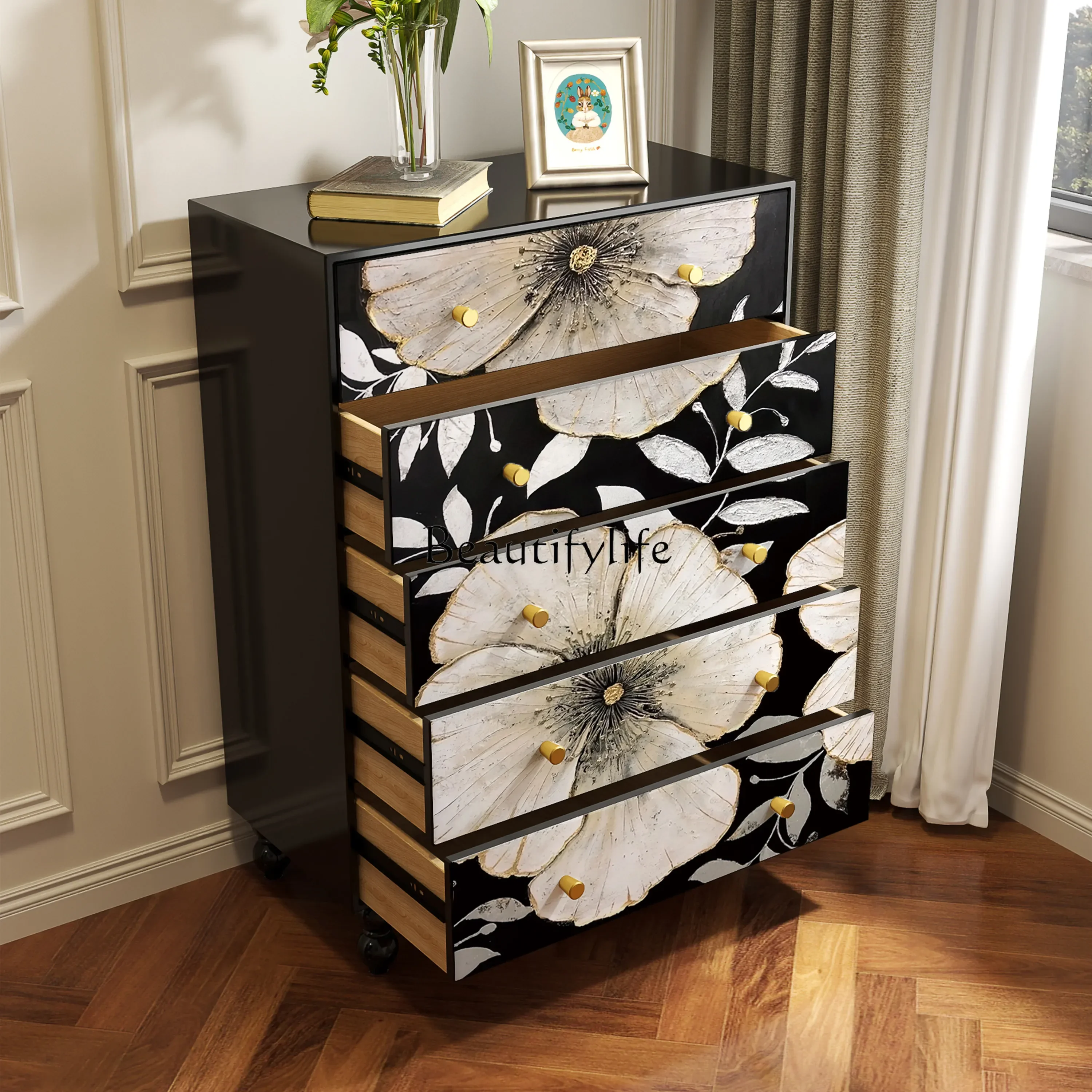 06French medieval solid wood chest of drawers hotel homestay entrance decorative cabinet