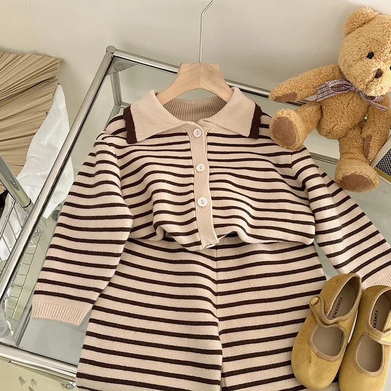 Girls\' Set 2024 Spring Autumn New  Striped Childrens Wear Korean Fashion Collar Striped Shirt Pants Two Piece Set