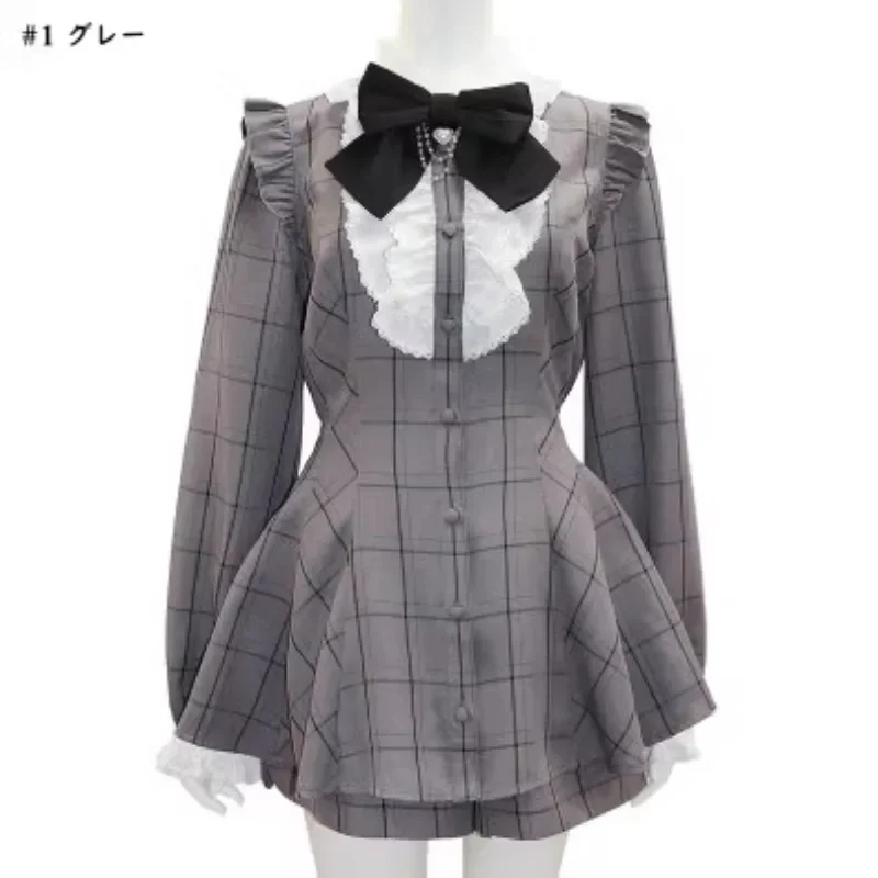 Sweet Outfits SC Suit Japanese Mine Plaid Long Sleeve Shirt Love Heart Bow Tie Chain Mass-Produced Dress and Culottes Set