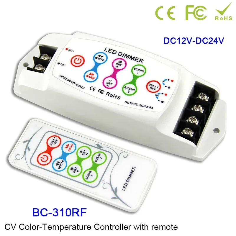 Bincolor 5V 12V 24V Color temperature LED Controller CCT remote switch Max 8A*2CH DIY Cold white/Warm white light tape dimmer