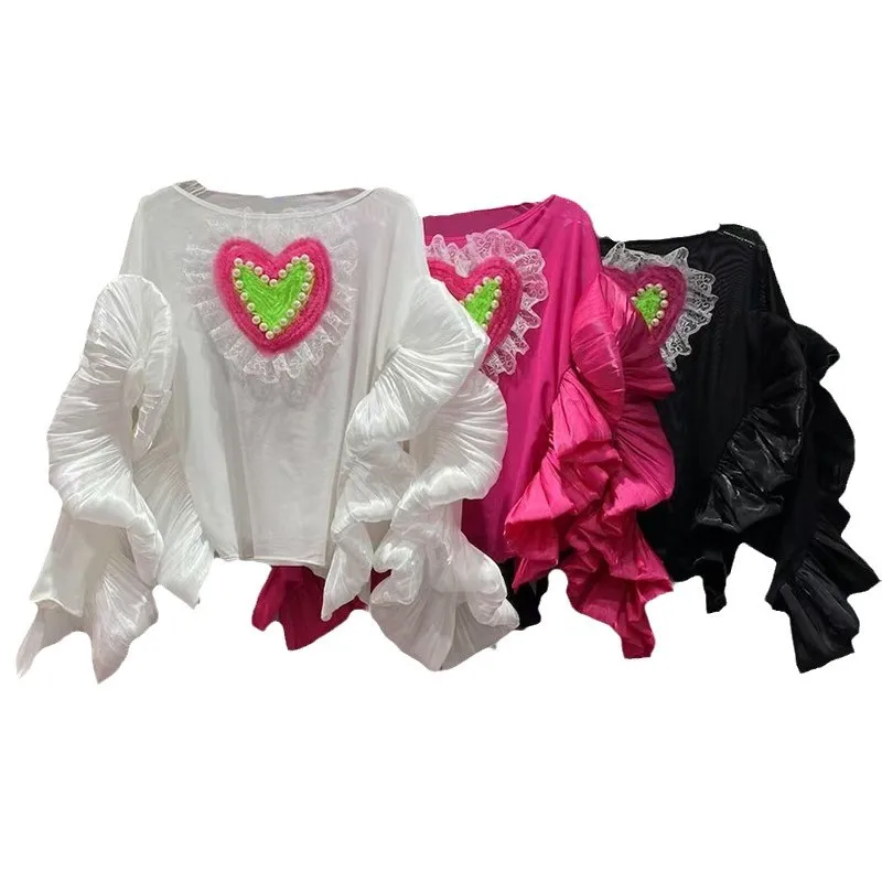 Women Love Embroidery Diamonds Pearls Beaded T-shirt Ruffles Edges Long Sleeve Tees Loose Irregular Irregular Lotus Jumpers Tops
