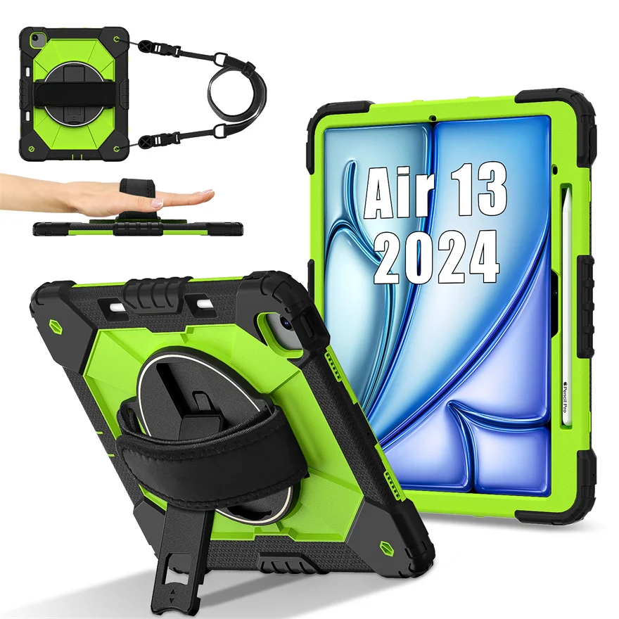 For Apple iPad Air 13 2024 Case Heavy-duty Protection Shockproof 360° Rotating Strap Handle Bracket Shell For A2898 A2899 A2900