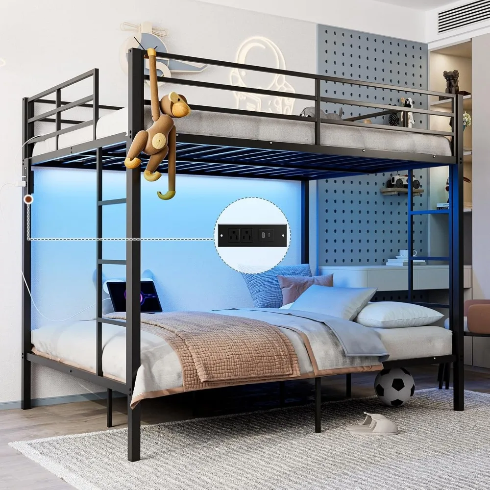 

IKIFLY Full Over Full Bunk Beds with LED Lights and Charging Station, Heavy Duty Metal Full Size Bunk Bed Frame, Safety Guardrai