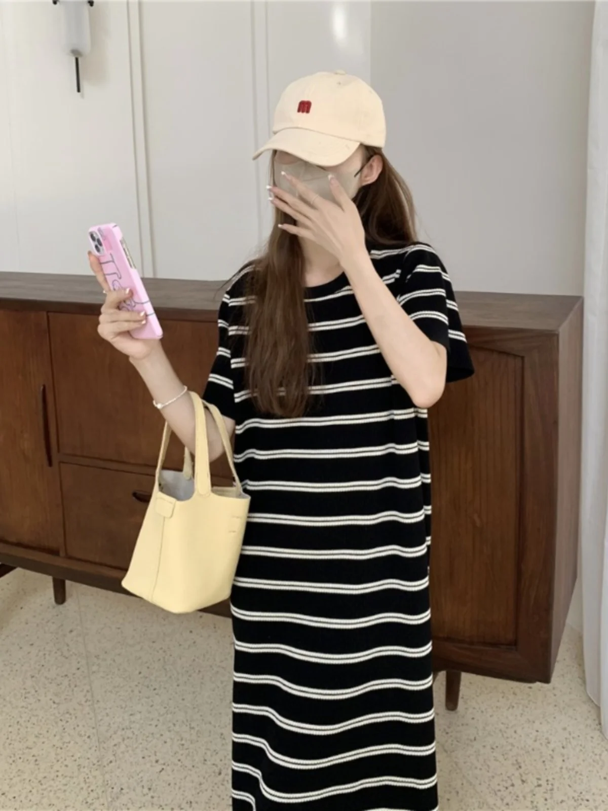Ladies' Summer Slimming Striped Cotton T-Shirt Dress Loose Straight Korean Style round Neck Short Sleeve Long Dress