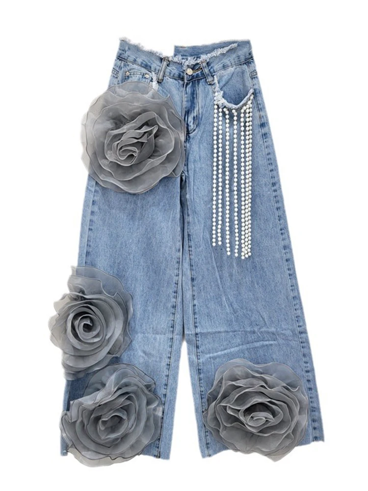 DEAT Fashion Women\'s Spliced Flower Pearl Tassel Design Jeans 2024 Autumn Trendy High Waist Wide Leg Denim Pants Female 33A1816