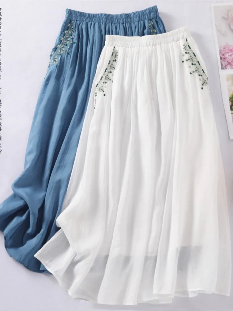 กระโปรงทรงเอวสูงผ้าเนื้อยืดลายดอกไม้ปักสำหรับผู้หญิง แฟชั่นฤดูร้อนทรงหลวมจีบระบาย