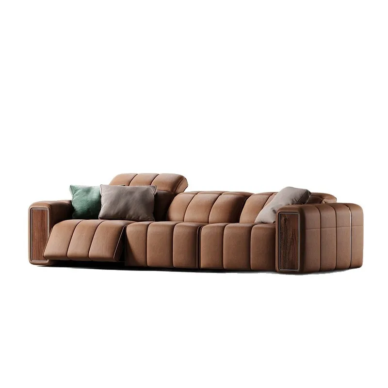 Leather sofa villa living room large straight row electric function sofa, modern simple piano key sofa