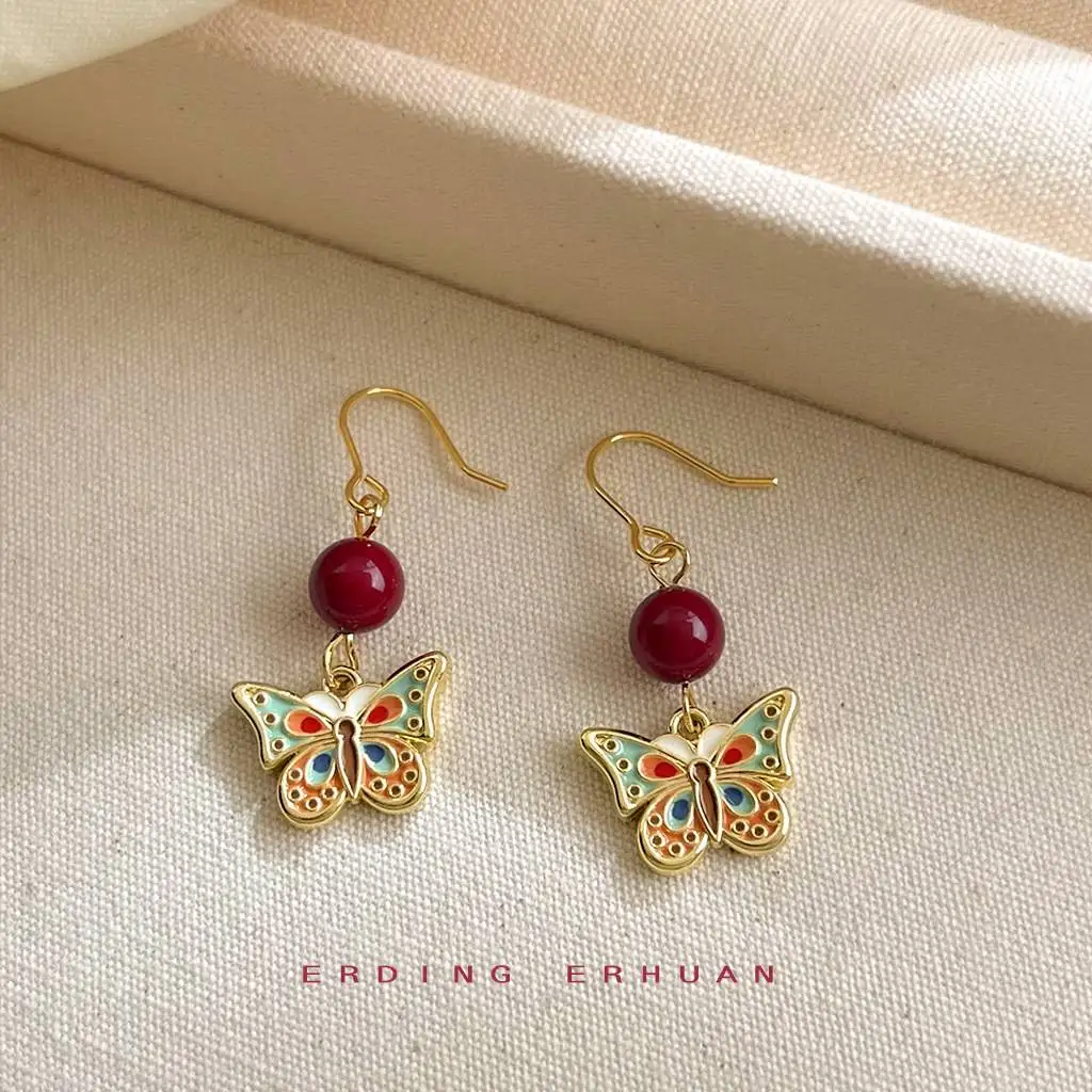 Chinese Style Hanfu Handmade Double Sided Enamel Painted Butterfly Dangle Earrings Ethnic Vintage Red Bead Jewelry For Women Dai