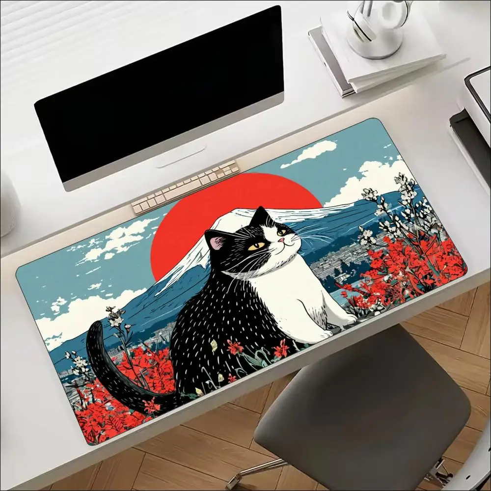 Vintage Japanese Style Cute Cat Landscape Art Non‑Slip Rubber Mouse Pad For Accurate Mouse Control Gaming Laptop Desktop Work