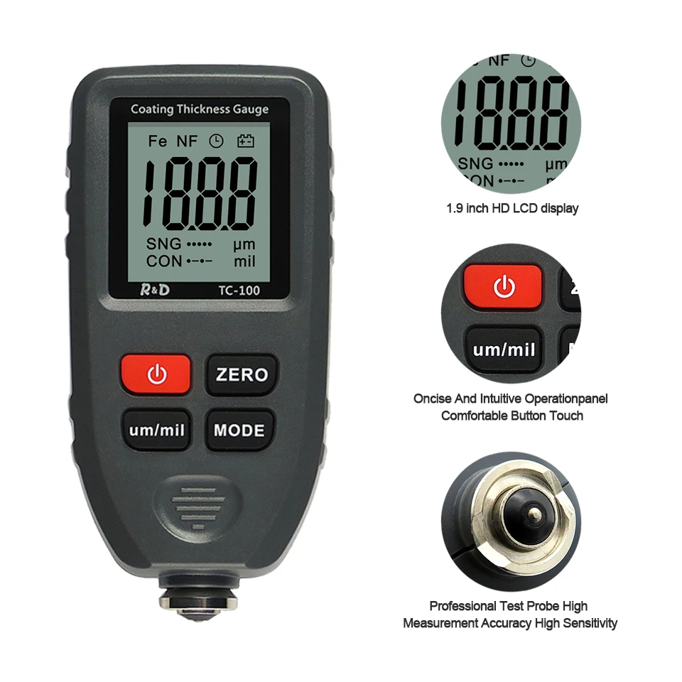 TC100 Digital Automobile Thickness Gauge Car Paint Tester Thickness Coating Meter Ultra-precise 0.1micron/0-1300 Fe&NF