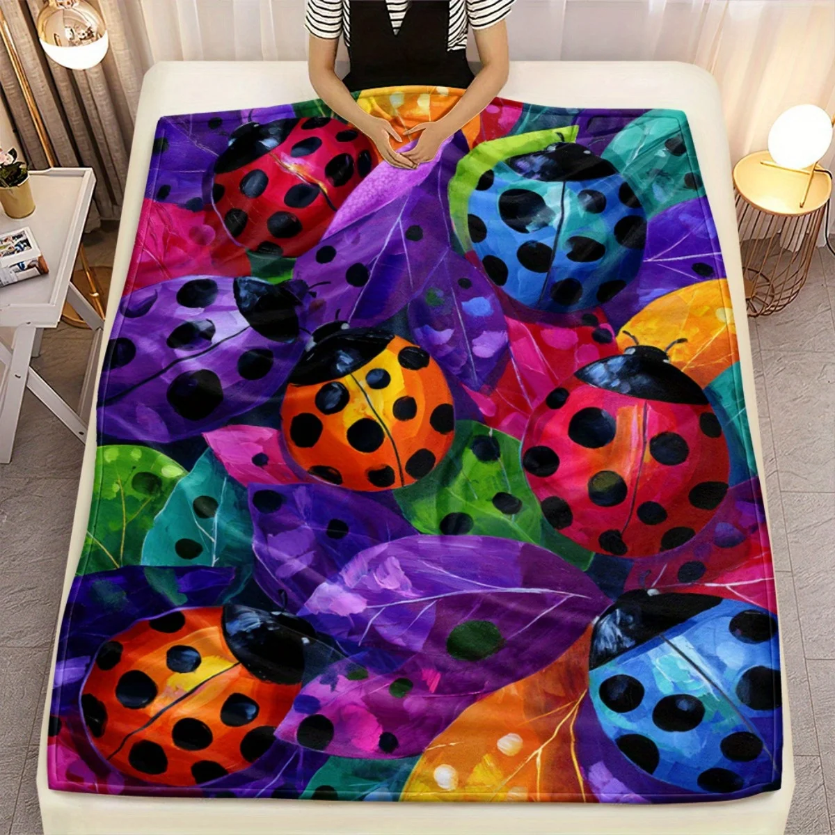 Ladybug Garden Flannel Throw Blanket Soft All Season Cozy Comfort for Sofa Bed Travel Camping Gift Purple Floral Decor