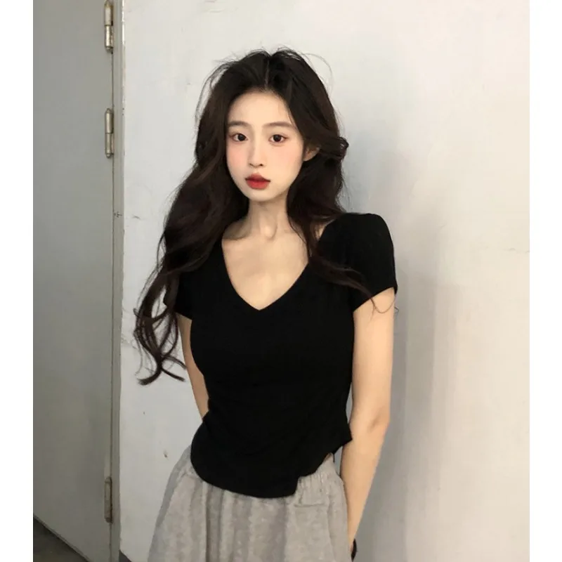Sexy V-neck Short Sleeve T-shirts for Women Summer New Tees Top Black White Basic Tshirt Y2K Korean Style Women's Clothes 2026
