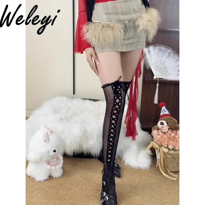 Jirai Kei Lolita Sweet Cool Hollow Cross Strap Thigh Socks Personalized Japanese Soft Girl Over Knee Stockings Women 1 Pair