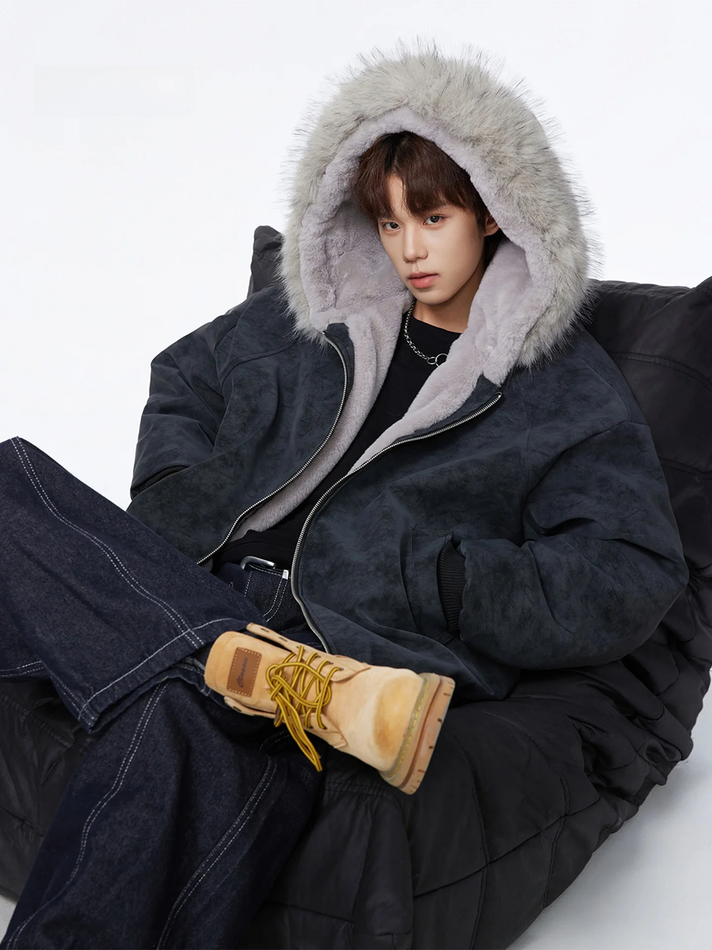 

Winter Thiened Faux Fur Collar Jaet Men's Faionable Hooded Coat Warm Polyester Fiber Stand Fit Youth ular Sle