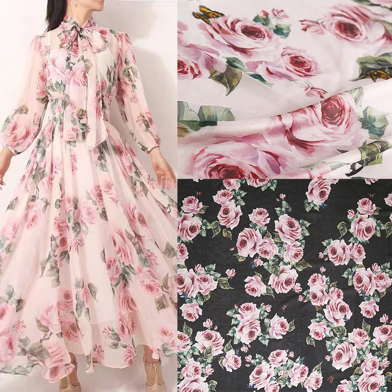 European And American Pink Rose Flower Butterfly Pattern Thin Chiffon Fabric For Woman Dress Blouse Handmade DIY Cloth Sewing