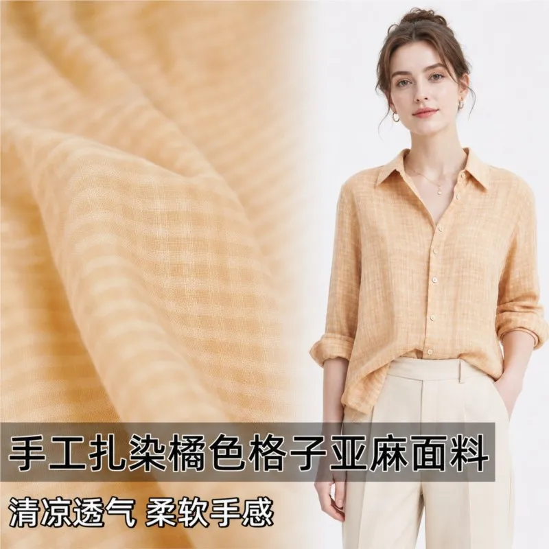 Hand-tie-dyed orange small linen fabric for shirts cheongsams dresses and skirts