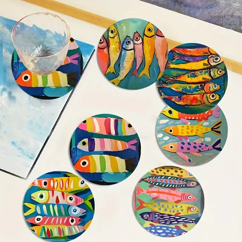 2D Colorful Wooden Circular Coaster with Cartoon Sardine Pattern Ideal for Holiday Parties Home Decor Children Students Gifts