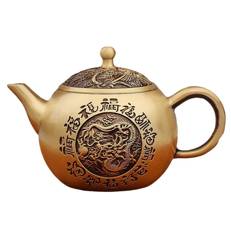 Brass Hundred Blessings Dragon and Phoenix Teapot New Chinese Style Home Tea Set Tea Ceremony Supplies Desktop Decoration Metal