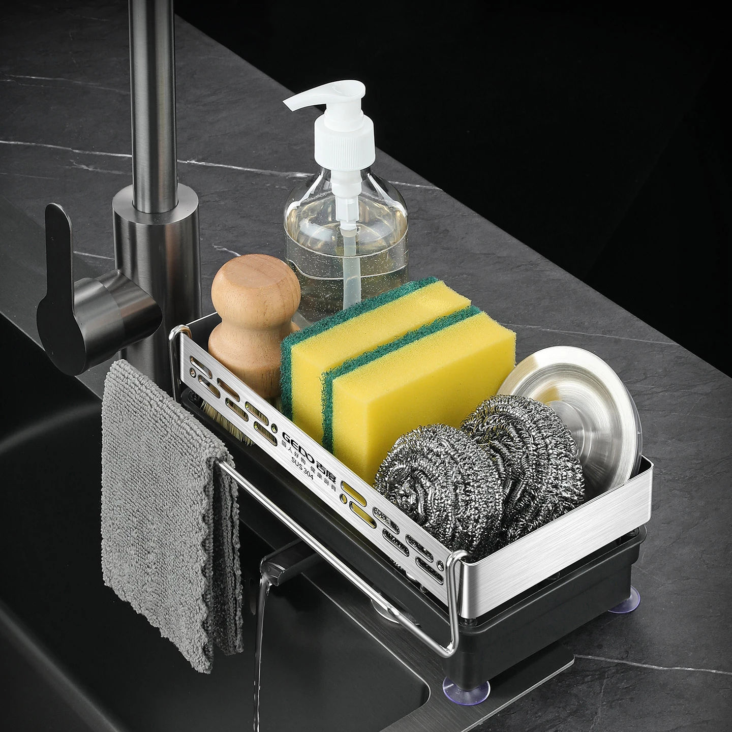 

LFGB Certification 304 Stainless Steel Kitchen Washware Storage Rack Water Leakage Kitchen Organizer with 4 Suction Cup Base