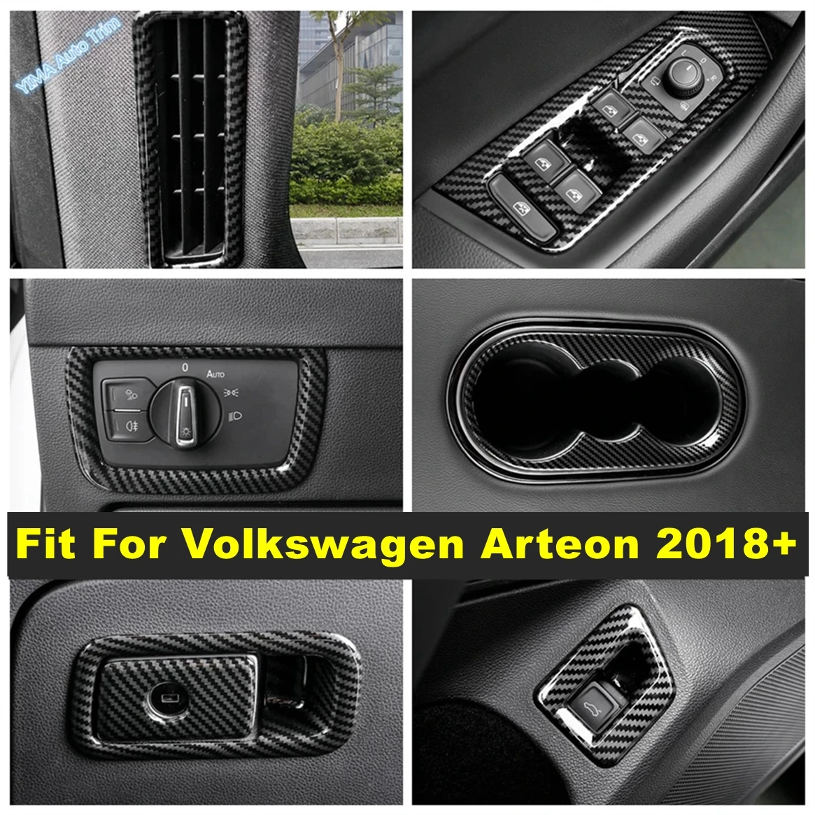 Carbon Fiber Look Auto Water Cup / Headlight Switches / Pillar A Air AC Accessories Cover Trim For Volkswagen Arteon 2018 - 2024