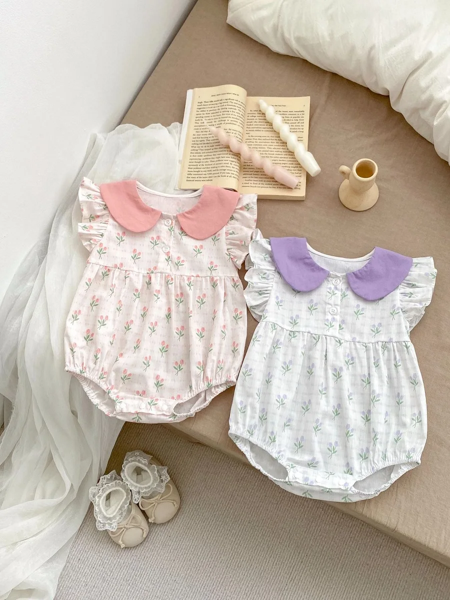 INS Summer Baby Girl Romper 0-2Years Newborn Princess Ruffles Sleeve Peter Pan Collar Flower Bodysuit Cotton One-Pieces Clothes