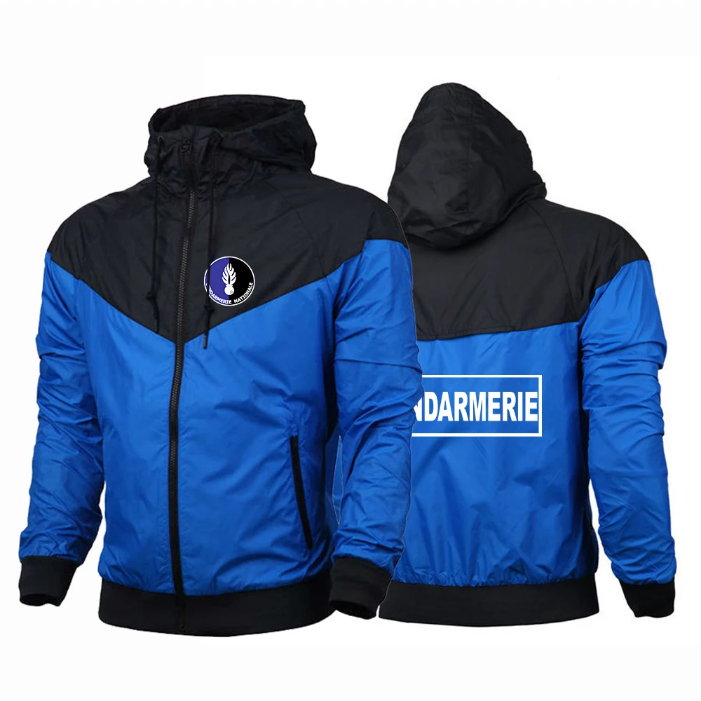 2025 Spring Autumn French Gendarmerie Logo Printed Patchwork Solid Color Casual Coat Men's Popular Thin Breathable Hooded Jacket