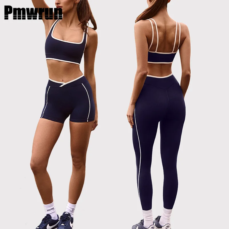 

PMWRUN 2 Piece Yoga Set For Women Navy Contrast - Trim Bra Shorts/Leggings Soft Stretchy For Gym Yoga Pilates Dance Workout Wear