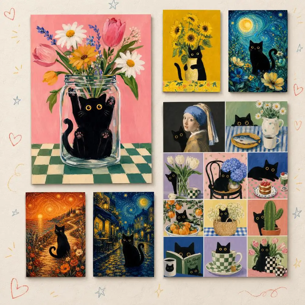 Funny Art Matisse Monet Black Cat Van Gogh Sunflowers Canvas Poster HD PP Waterproof Wall Decor for Living Room Gift
