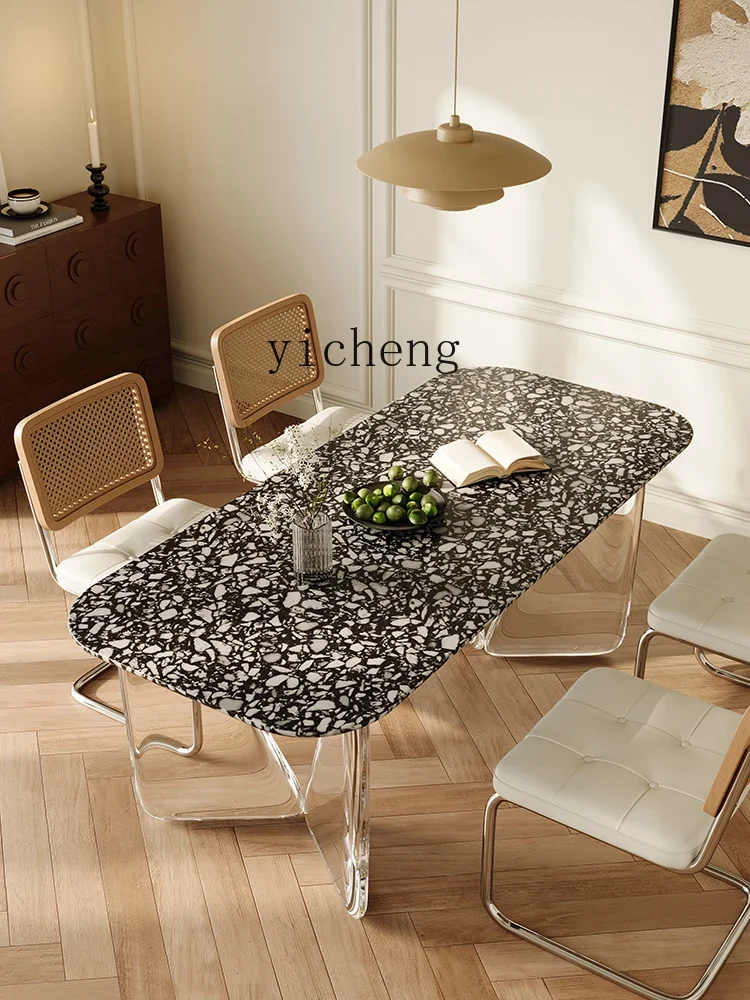 XL Acrylic Table Transparent Stone Plate Dining Table Minimalist Cream Style Terrazzo Dining Table