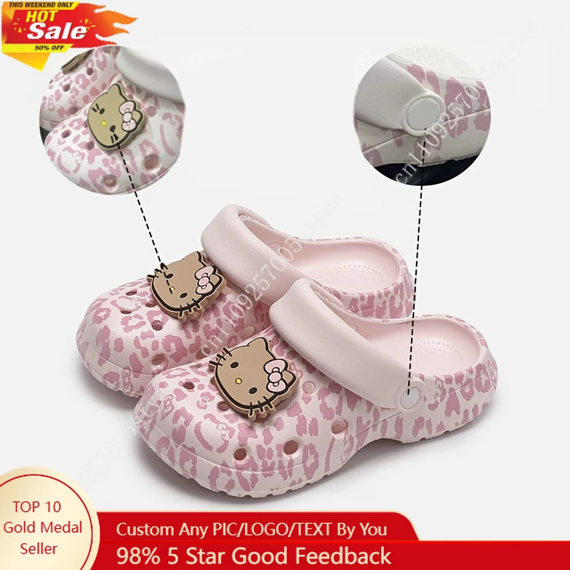 Women'S Hello Kitty Perforated Shoes 2026 Popular Cartoon Pink Leopard Print Full Print EVA Slippers