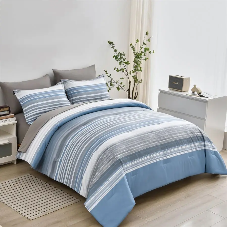 

7 Piece Bed in a Bag Stripe Comforter Set Queen Size, White Grey Blue Patchwork Striped Comforter and Sheet Set, All Season Soft