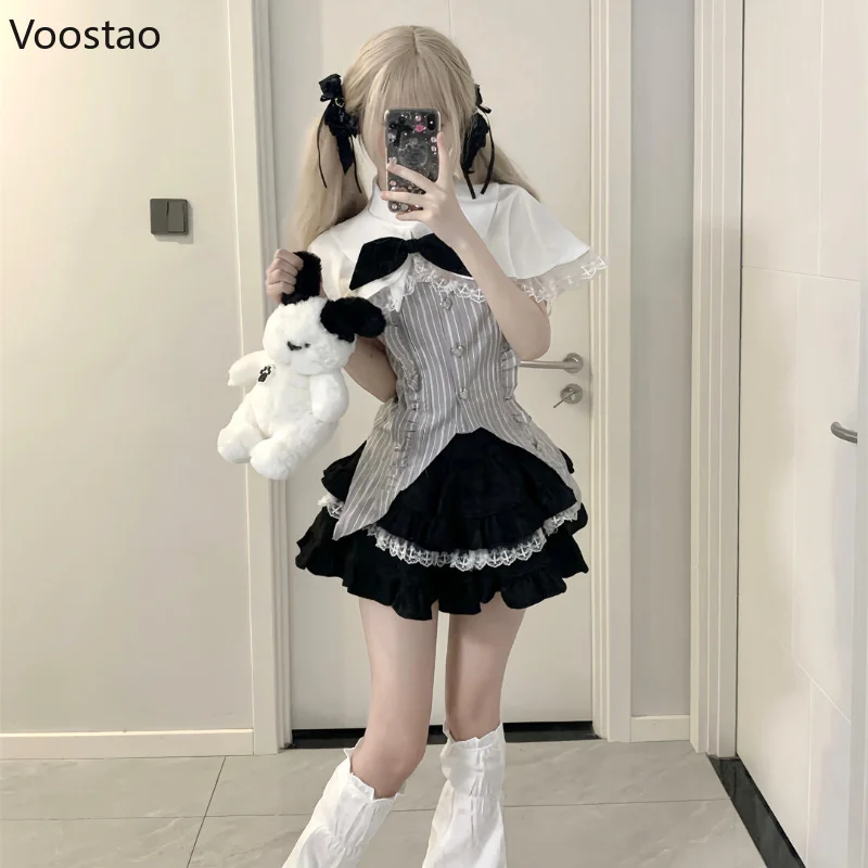 Gothic Lolita Style 4 Piece Sets Women Vintage Bow Cloak Coat Stripe Vest Tops Lace Ruffle Cake Mini Skirt Suit Japanese Outfits