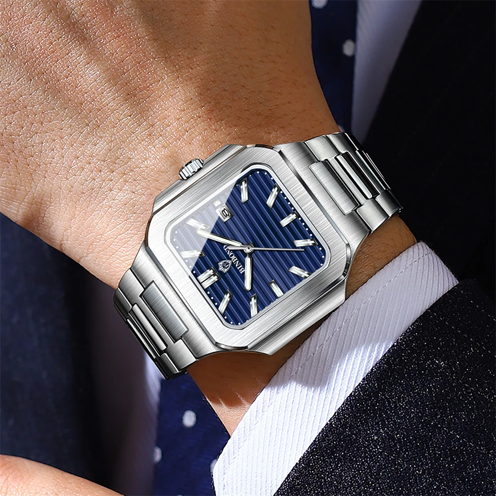 Binbond luxo quadrado esporte homem relógio de pulso à prova dwaterproof água luminosa cronógrafo quartzo relógios masculinos aço inoxidável reloj