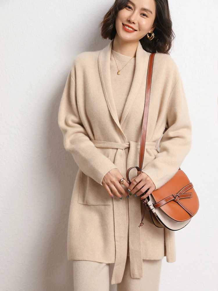 

New Women 100% Cashmere Sweater Outer pocket Waist Belt Heavy Weight Cashmere Cardigan Autumn Winter Thick Office Lady Chic Tops