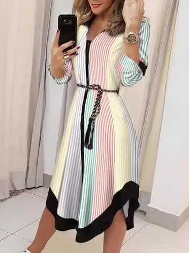 

Spring and Summer Casual Geometric Pattern Rainbow Stripe Color-Contrast Printed Women's Plus Size V-Neck Shirt Waist Belt Dress