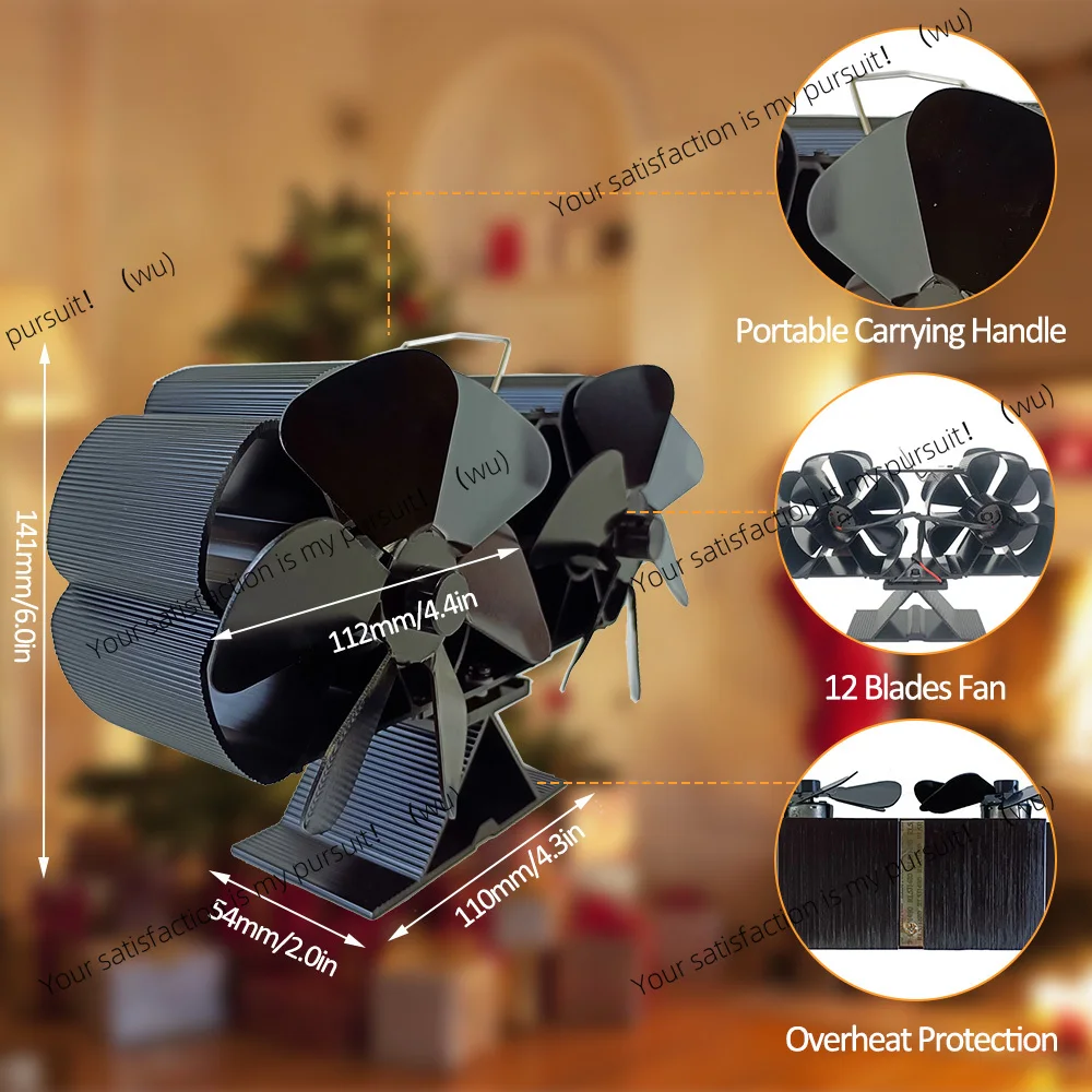 Wood stove fan, heat drive, double silent motor with 6 blades, with stand and magnetic temperature controller