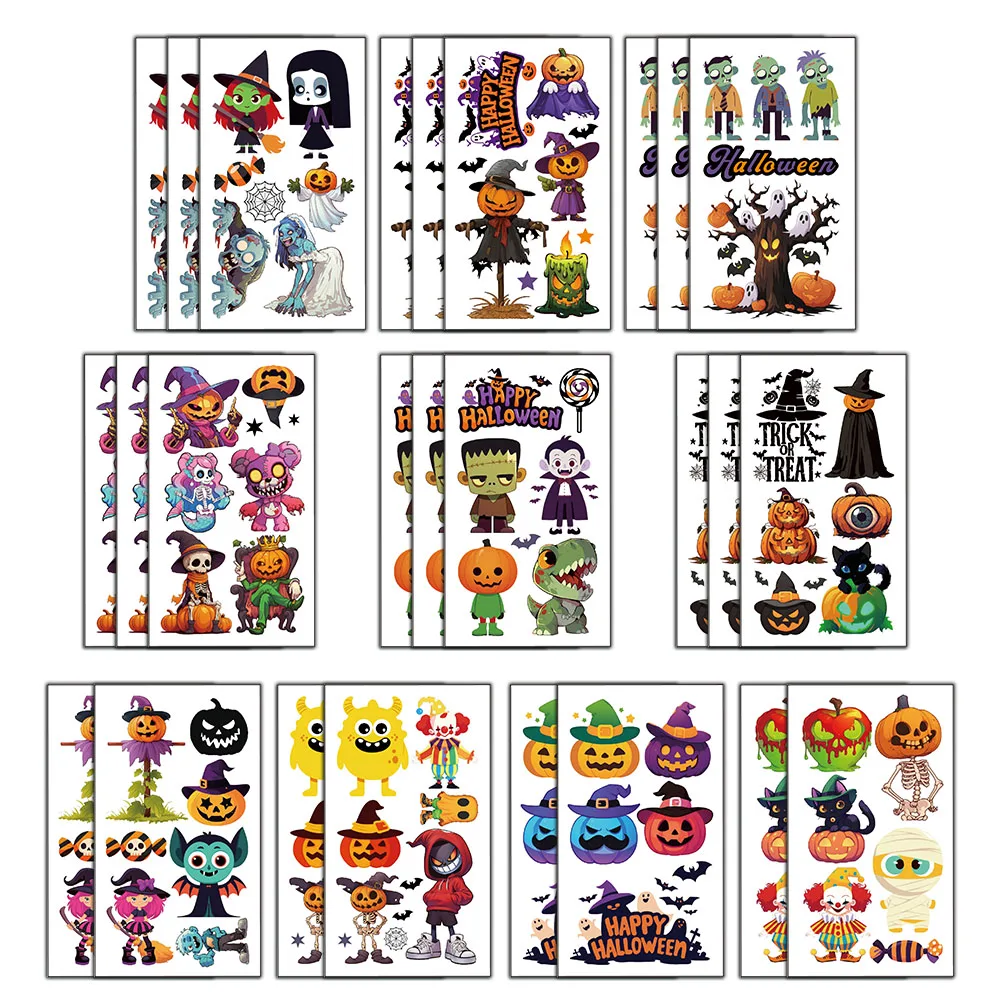 10PCS Cartoon Tattoo Stickers Halloween Waterproof Tattoo Face Stickers Cute Pumpkin Head Back Decorative Stickers