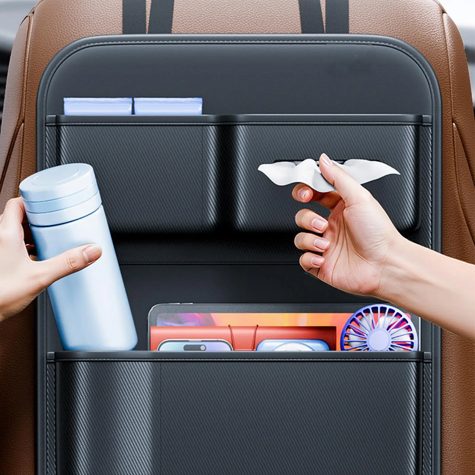 

Car Seat Organizer With Tissue Box Multi-Pocket Back Of Seat Car Organizer Kick Mats For Truck SUV RV Sedan Vehicle Road Trip