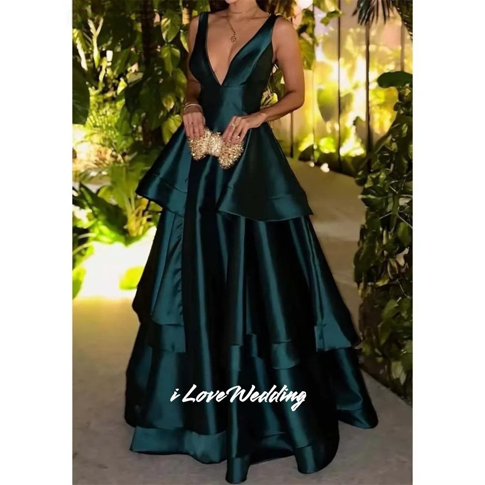 

Emerald Green V-Neck A-Line Sleeveless Tiered Ruffle Evening Dresses Elegant Vestidos De Noche Floor-Length Pleated Customized