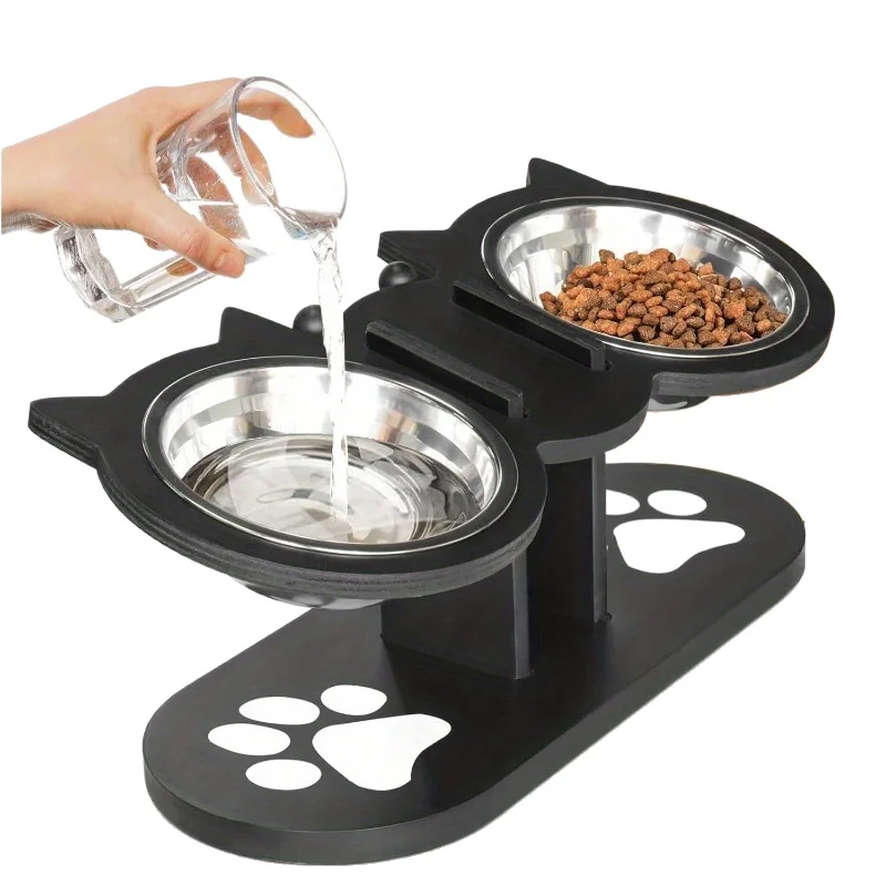 3-Tier Elevated Cat Bowl with Support Stands Wood & Stainless Steel Adjustable 15-Degree Angle Stand Slanted Pet Food Bowl view 6